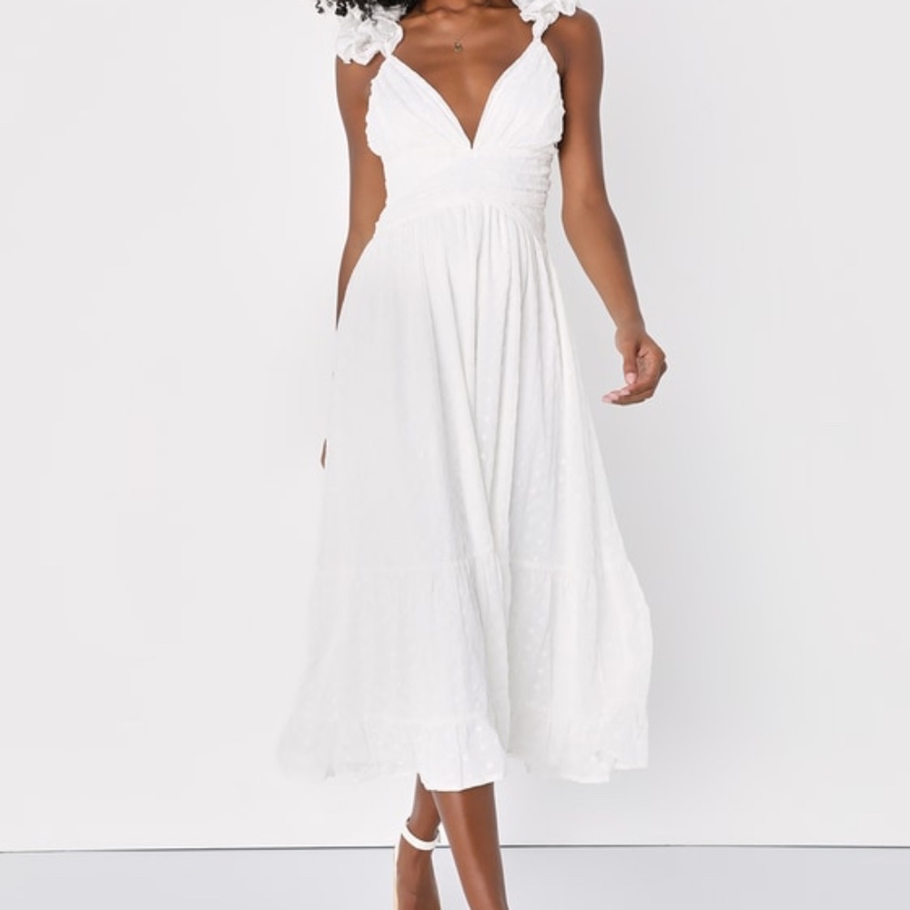 Lulus Dreamy Favorite White Eyelet Embroidered Ruffled Lace-up Dress - Size M